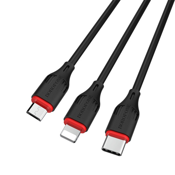 Кабель USB BOROFONE BX17 Enjoy 3-in-1, USB - Lightning+MicroUSB+Type-C, 2.4А, 1 м, черный