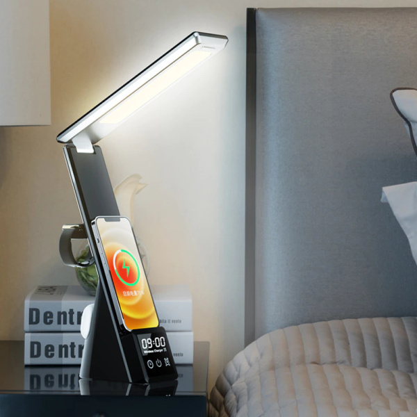 Настольная лампа с часами и беспроводной зарядкой для телефона, часов, наушников Desk Lamp Wireless Charger