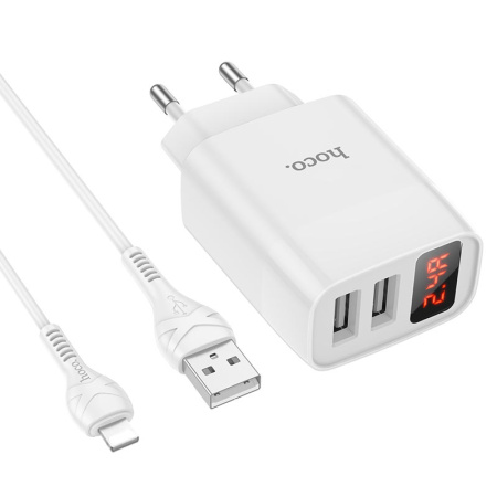 Зарядное устройство HOCO C86A Illustrious 2*USB + Кабель USB-Lightning, 2.4A, белый, с дисплеем