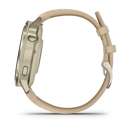 Garmin Venu 4 41 мм, золотистый корпус и светло-песочный кожаный ремешок: боковой профиль с двумя кнопками