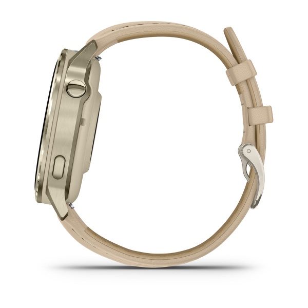 Garmin Venu 4 41 мм, золотистый Lunar Gold, ремешок силиконовый цвета слоновой кости Bone и светло-песочный кожаный: основной циферблат, русская адаптация