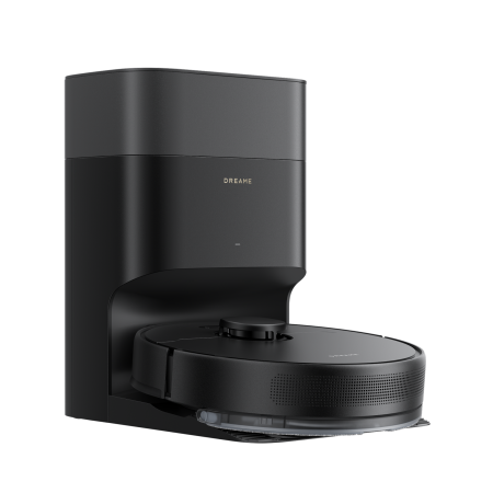 Чёрный Dreame F10 Plus у станции: противоположный ракурс