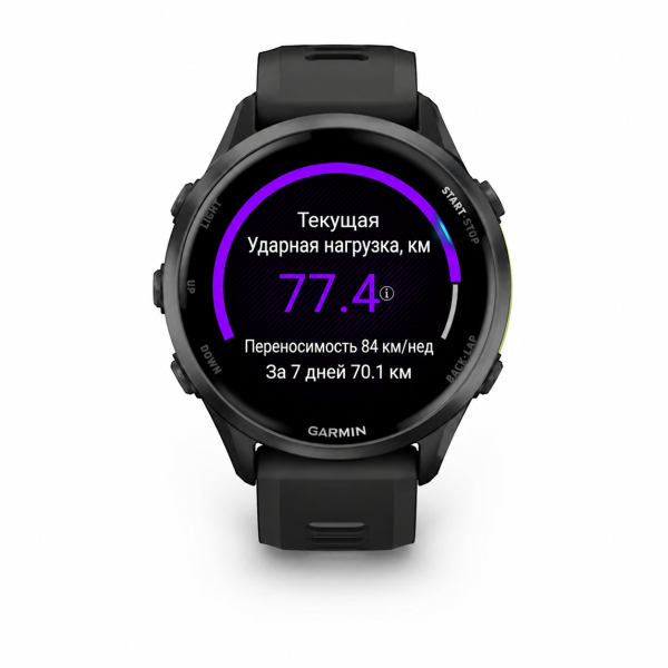 Garmin Forerunner 970 47 мм: чёрный корпус и титановый безель Carbon Grey DLC, общий ракурс с циферблатом