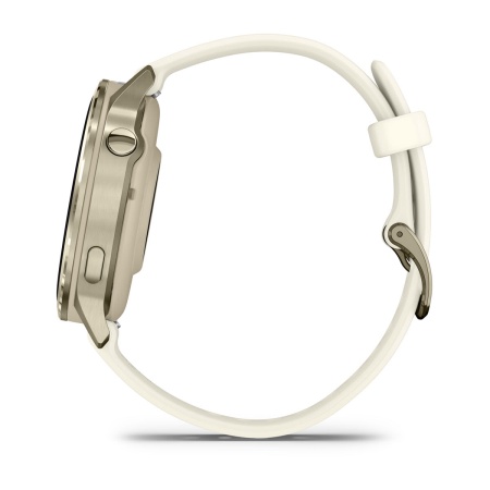 Garmin Venu 4 41 мм, золотистый корпус и силиконовый ремешок слоновой кости: боковой профиль с двумя кнопками