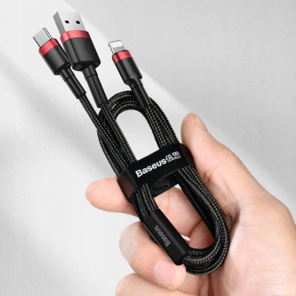 Кабель USB BASEUS Cafule USB - Type-C+Lightning 2.4А 1,2м Красно-черный (CATKLF-EL91)