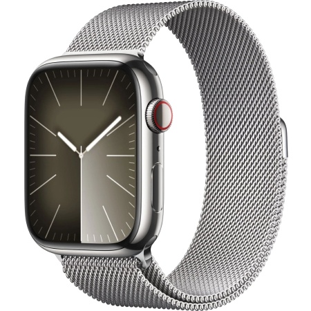 Apple Watch Series 9, 45 mm, корпус из нержавеющей стали серебристого цвета, миланский сетчатый ремешок серебристого цвета