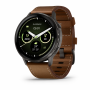 Garmin Venu 4 45 мм, тёмно-серый Slate, ремешок чёрный силиконовый и коричневый кожаный: основной циферблат, русская адаптация