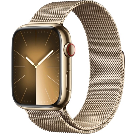 Apple Watch Series 9, 45 mm, корпус из нержавеющей стали золотого цвета, миланский сетчатый ремешок золотого цвета