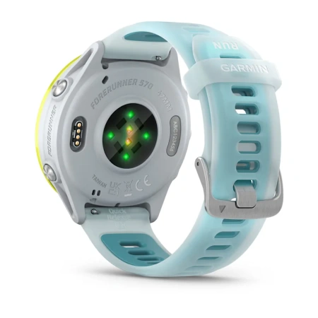 Датчик пульса и зарядные контакты Garmin Forerunner 570 47 мм, жёлтый безель и бирюзовый ремешок