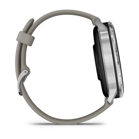 Garmin Venu 4 45 мм, серебристо-серый силиконовый ремешок: боковой профиль корпуса и ремешка
