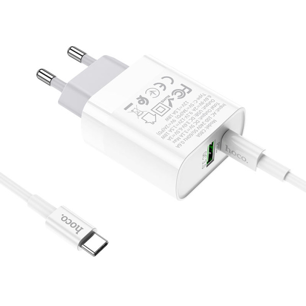 Сетевое зарядное устройство HOCO C80A 20W Type-C/USB с кабелем Type-C/Type-C (Белый)