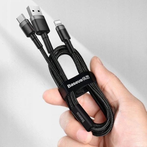 Кабель USB BASEUS Cafule USB - Type-C+Lightning 2.4А 1,2м Серый (CATKLF-ELG1)