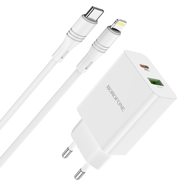 Сетевое зарядное устройство Borofone BA56A USB+Type-C (Кабель Type-C - Lightning) White