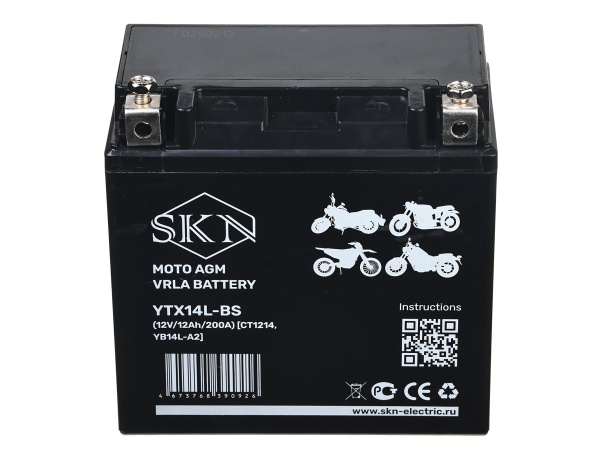 Аккумулятор стартерный для мототехники SKN YTX14L-BS (12V/12Ah/200А) [CT1214, YB14L-A2]