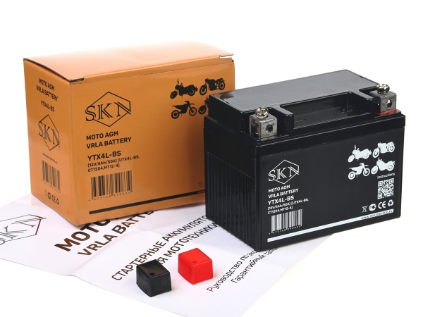 Аккумулятор стартерный для мототехники SKN YTX4L-BS (12V/4Ah/50A) [UTX4L-BS, CT 1204, MT 12-4]