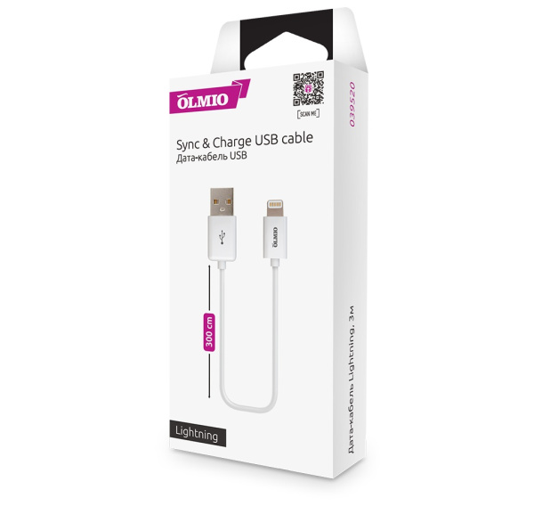 Кабель OLMIO USB 2.0 - Lightning, 3м, белый