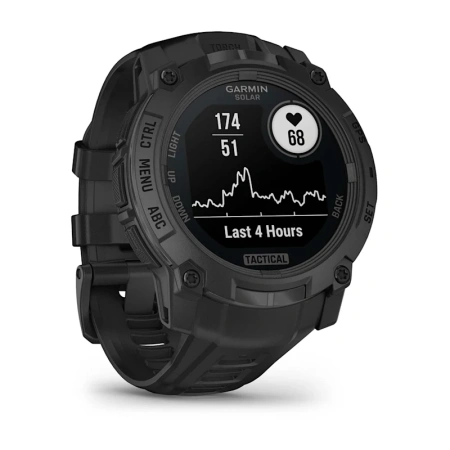 Garmin Instinct 3 Solar Tactical 50 мм — противоположный ракурс корпуса с демонстрационным экраном пульса