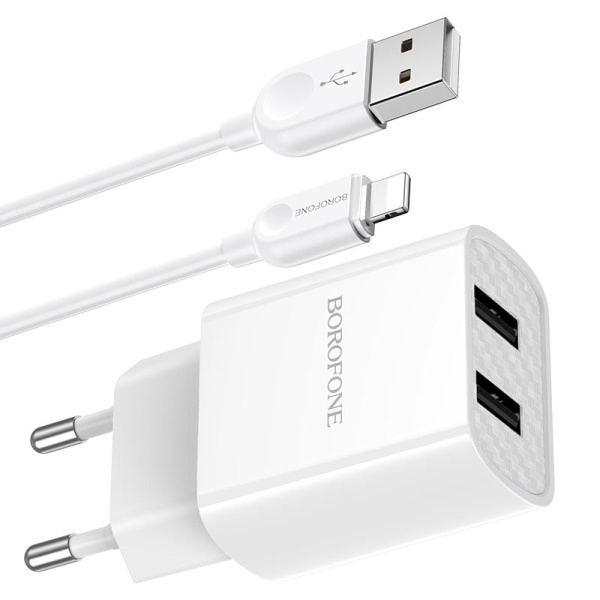 Зарядное устройство BOROFONE BA53A Powerway 2*USB + Кабель USB-Lightning, 2.1A, белый