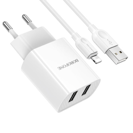 Зарядное устройство BOROFONE BA53A Powerway 2*USB + Кабель USB-Lightning, 2.1A, белый