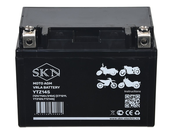Аккумулятор стартерный для мототехники SKN YTZ14S (12V/11Ah/210A) [CT 1211, YTZ12S,TTZ14S]