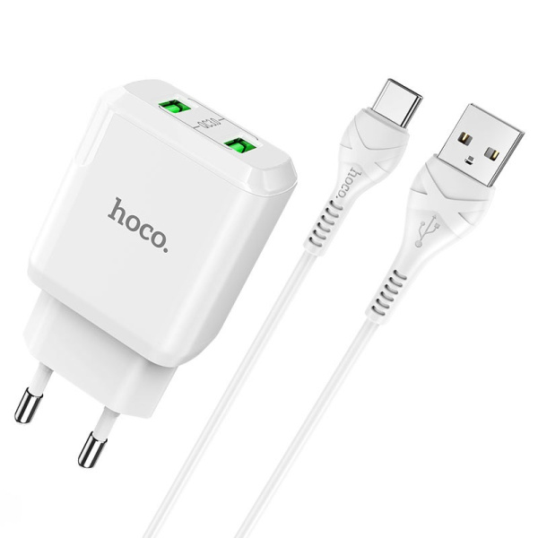 Зарядное устройство HOCO N6 Charmer 2*USB + Кабель USB-Type-C, 3A, белый