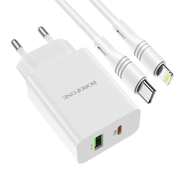 Сетевое зарядное устройство Borofone BA56A USB+Type-C (Кабель Type-C - Lightning) White