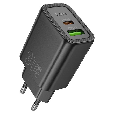 Сетевое зарядное устройство Hoco N63 Gentle, USB-C PD 30 Вт и USB-A 18 Вт, EU, кабель USB-C — USB-C 1 м, чёрное