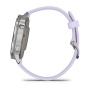 Garmin Venu 4 41 мм, серебристый корпус и барвинковый силиконовый ремешок: боковой профиль с двумя кнопками