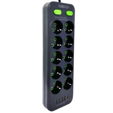 Удлинитель 10 розеток 4 USB 1 Type-C Yemstza YM-LD10U Черный