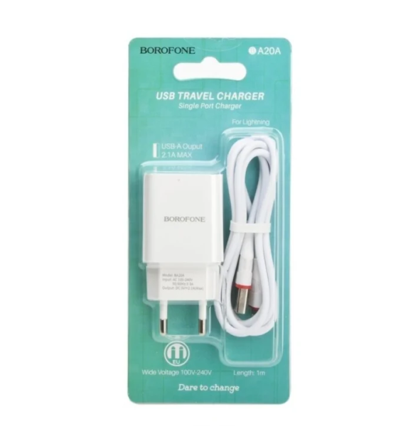 Зарядное устройство BOROFONE BA20A 2.1, one USB, Lightning cable, White