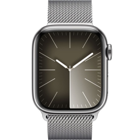 Apple Watch Series 9, 41 mm, корпус из нержавеющей стали серебристого цвета, миланский сетчатый ремешок серебристого цвета