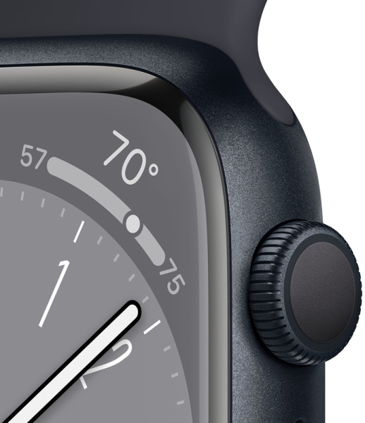 Смарт-часы Apple Watch S8, 45 mm, корпус из алюминия цвета «тёмная ночь», спортивный ремешок «тёмная ночь»