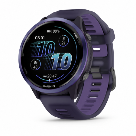 Garmin Forerunner 570 47 мм, индиго и фиолетовый ремешок — вид спереди под углом