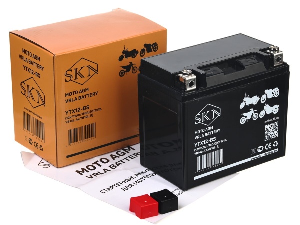 Аккумулятор стартерный для мототехники SKN YTX12-BS (12V/12Ah/180A) [CT 1212, YB14L-A2, YB10L-B]