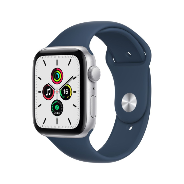 Apple Watch Series SE, 44 мм (корпус из алюминия серебристого цвета, спортивный ремешок синего цвета)