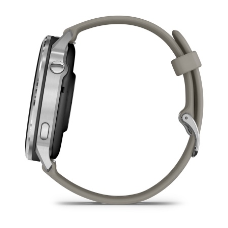 Garmin Venu 4 45 мм, серебристо-серый силиконовый ремешок: боковой профиль с двумя кнопками