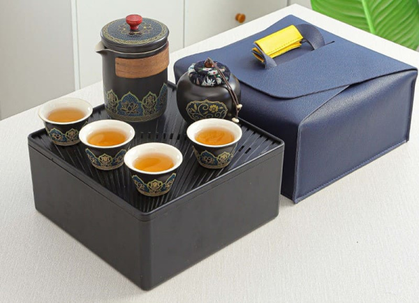 Чайный набор 6 предметов в кейсе с узорами (черный)