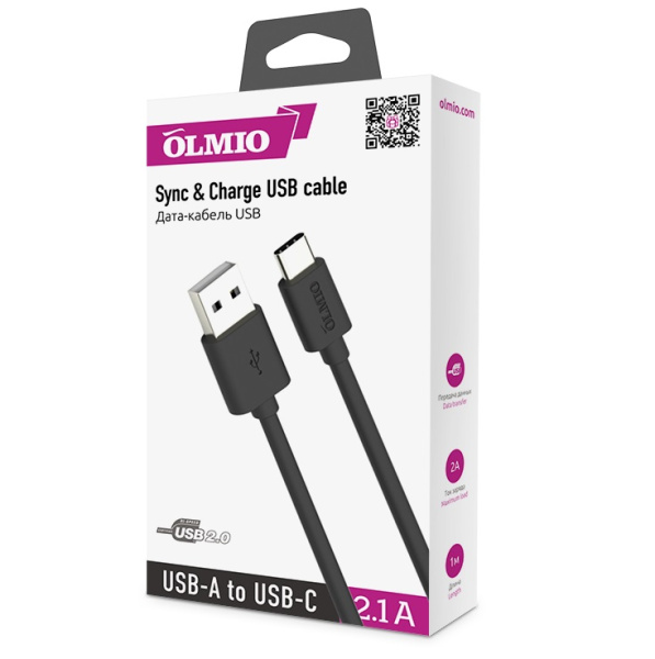 Кабель OLMIO USB 2.0 - USB type-C, 1м, чёрный