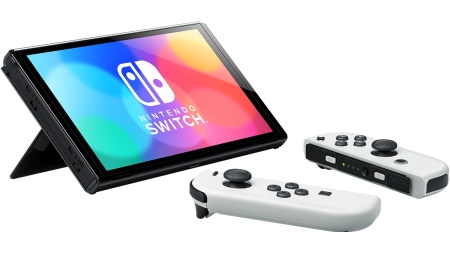 Nintendo Switch OLED на опоре с белыми Joy-Con